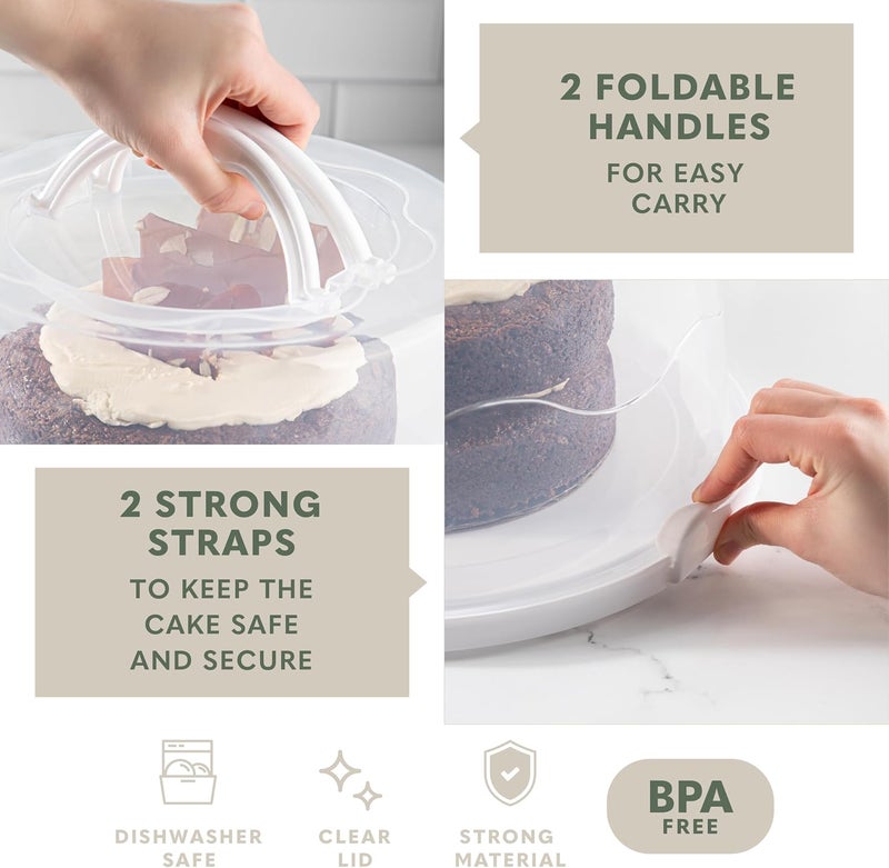 MosJos EXTRA LARGE & EXTRA STURDY Cake Carrier, Cake Stand with Lid and Foldable Handles - Multifunctional Serving Platter and Cake Plate - Cake Container with Dome and Strong Snaps 13 x 13 x 7 inch (White) - Image 2